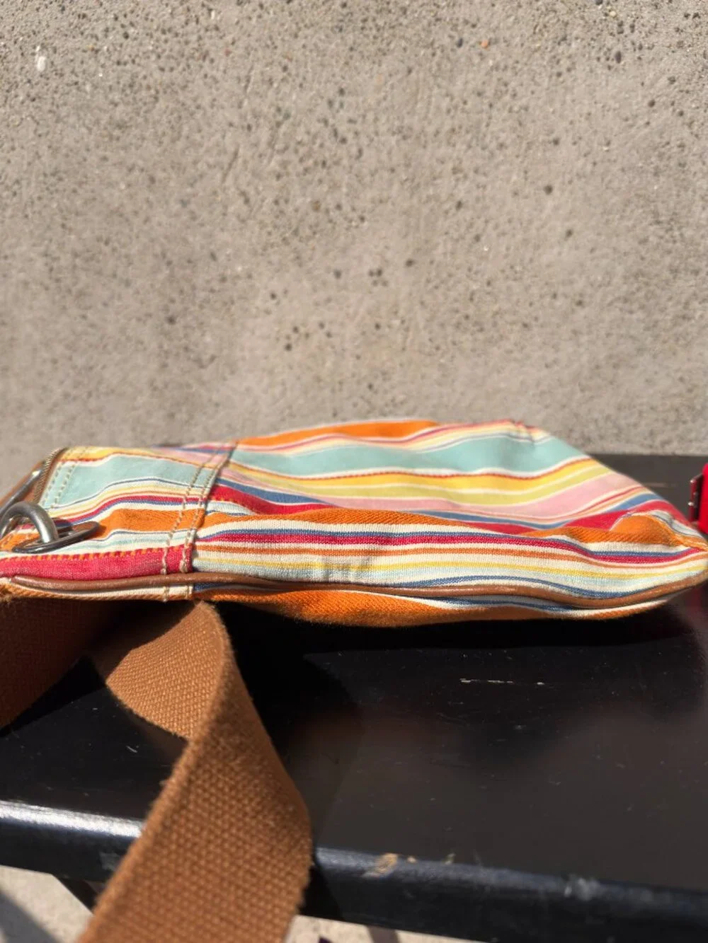FOSSIL COLORFUL STRIPED CANVAS CROSSBODY SHOULDER BAG PURSE LEATHER TRIM